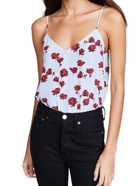 Equipment Silk Floral V-Neck Cami with Red Rose Print in Light Blue Size M